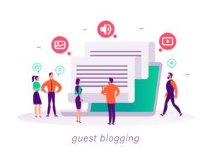 Guest blogging concept with tiny people, laptop and social media review and feedback icons. Landing page design template, web interface, mobile app. Vector flat illustration.