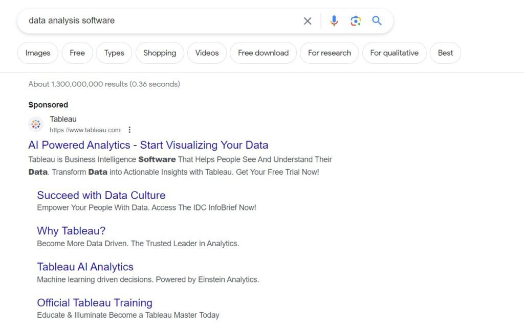 Screenshot of An example of how the Sponsored Ad looks like for keyword:"Data Analysis Software".