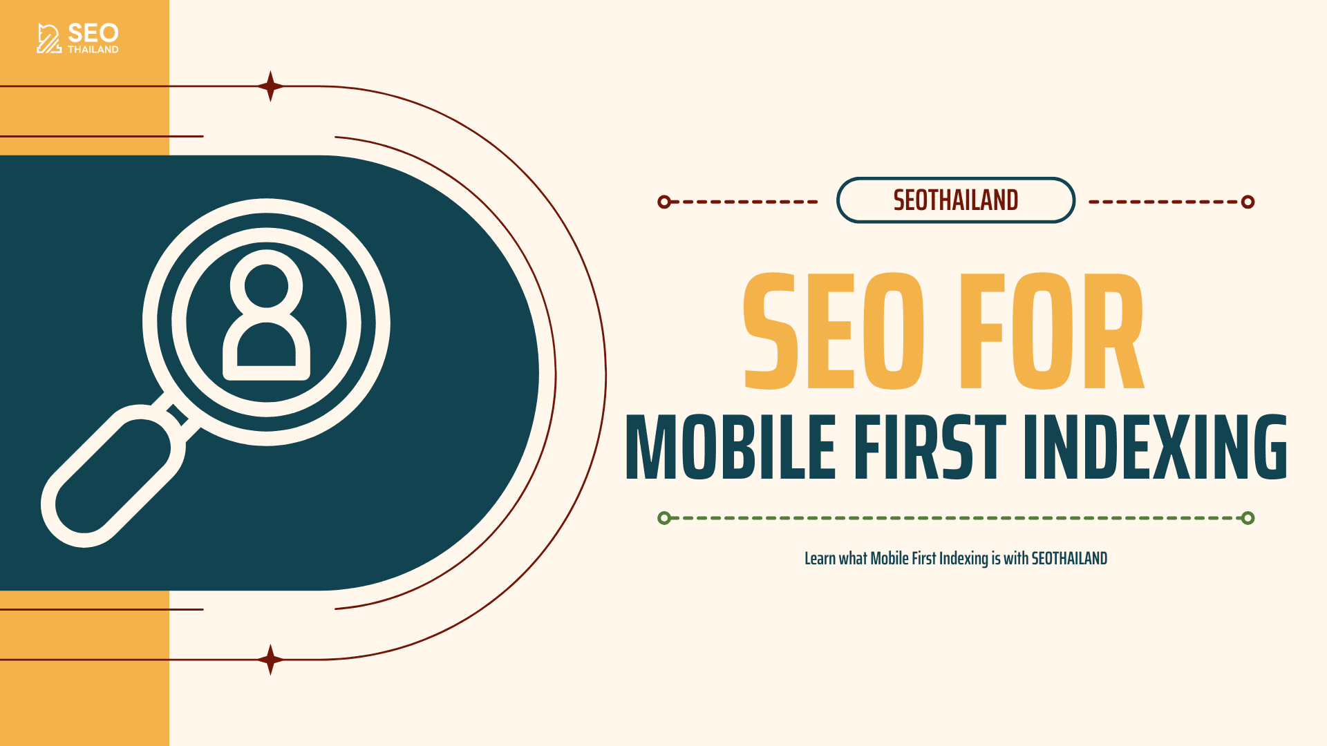 Illustration showing a magnifying glass over a user icon alongside the text “SEO for Mobile First Indexing”, branded by SEO Thailand, representing search engine optimisation strategies focused on mobile-first indexing.